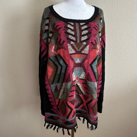 PERUVIAN CONNECTION Wool Serenata Pullover Fringe in Magenta Coral Sage Sz. XL - Picture 3 of 13